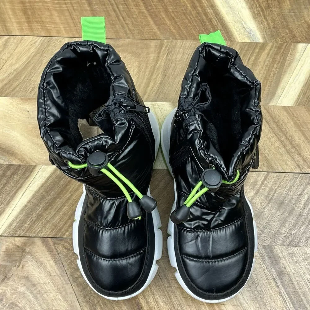 Kids Snow Boots Black Neon Green Insulated Waterproof Zip US 12 Toddler